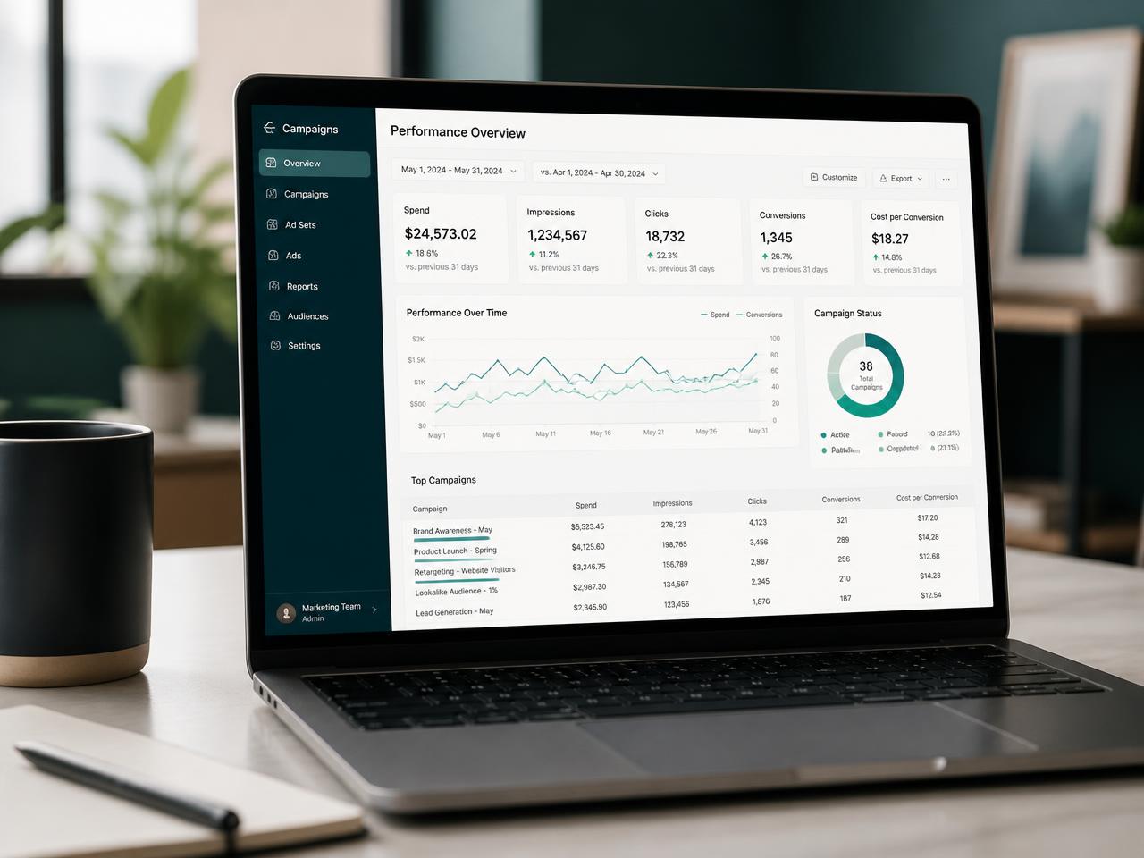 Laptop displaying a social media advertising campaign performance dashboard